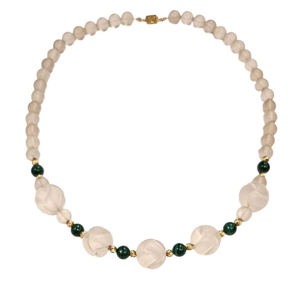 Frosted Crystal and Malachite Beaded Necklace with 14K Gold Clasp